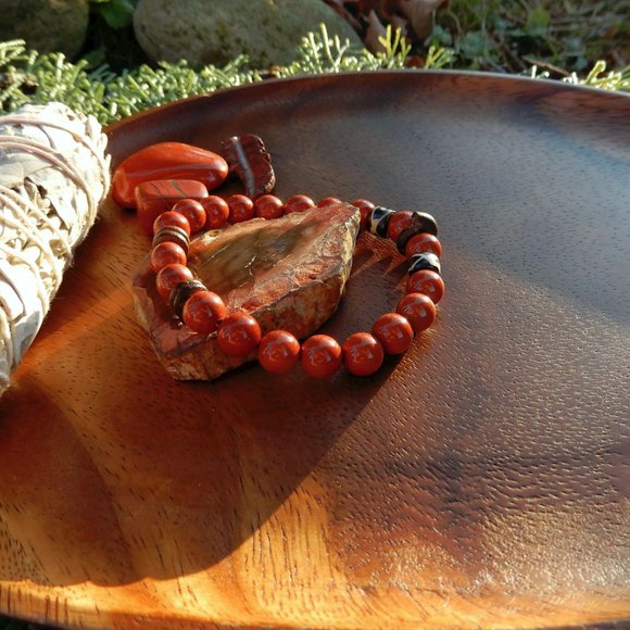 Life Force Fossil Energy Mala Bracelet/Men's Mala Bracelet/Red Jasper Grounding - Picture 4 of 4